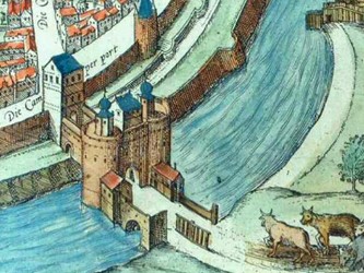 <p>De Kamper binnen- en buitenpoort zoals weergegeven op de stadsplattegrond door Braun en Hogenberg omstreeks 1580 uitgegeven. Aan de noordzijde van de poort is de binnengracht niet duidelijk weergegeven, afgaande op de enkele jaren eerder door Van Deventer getekende situatie zal deze er wel geweest zijn.  </p>
